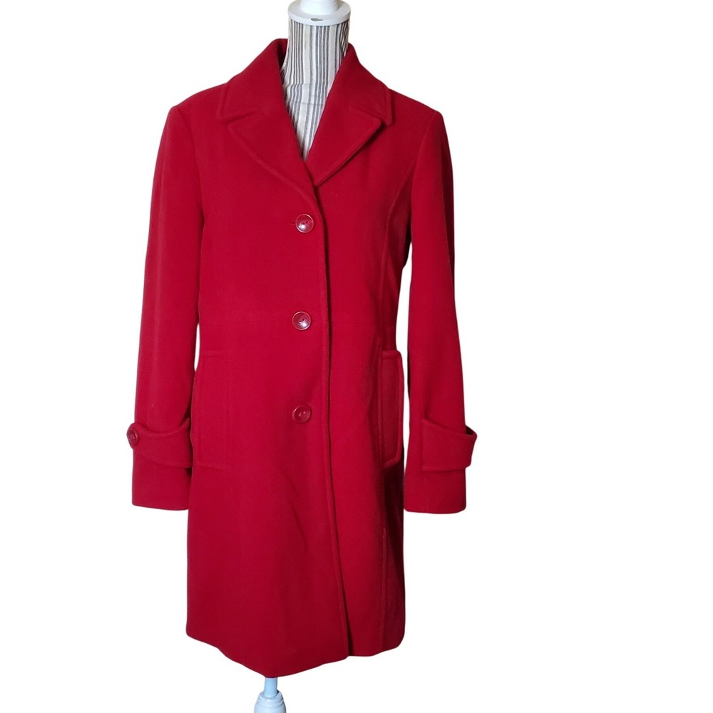 Style & co Womens Red Wool Blend Button Front Walker Coat Size Medium Mid Length